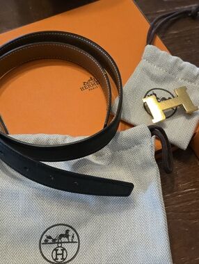Hermes Black Leather Belt with Gold H Buckle